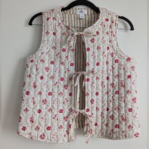 Japana Pink Floral Quilted Cottagecore Vest Tie Front Cropped Size XS